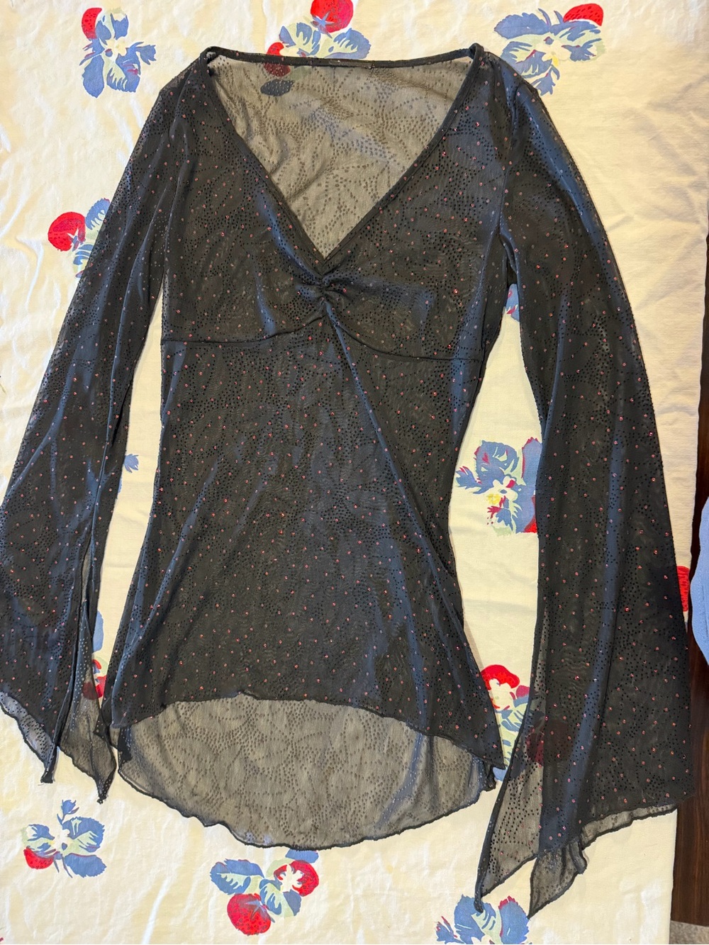 Othr Black Sheer V-Neck Twist Front Top with Red Sparkle